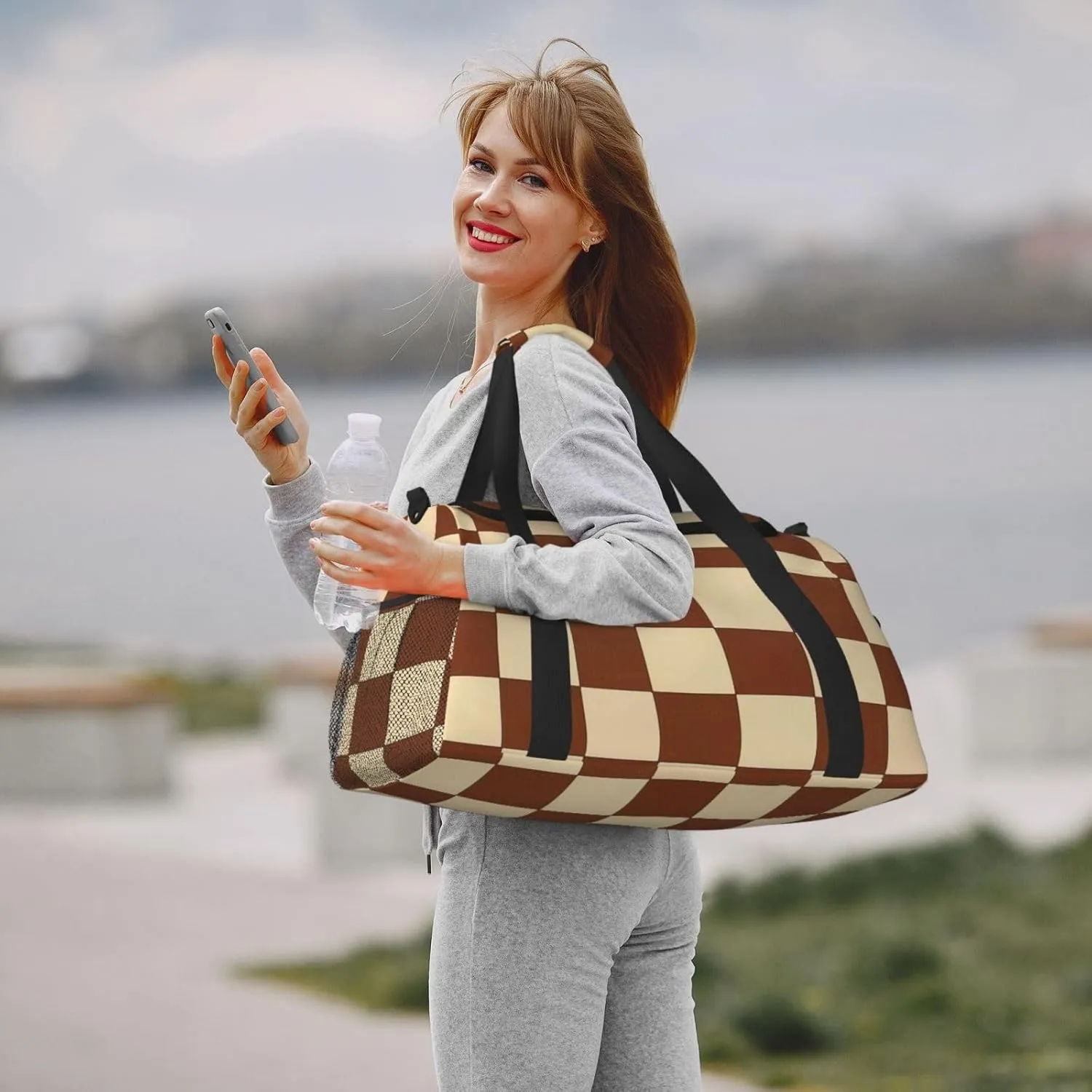 Brown Beige Checkered Duffle Bag Foldable Travel Tote Bag Carry On Large Weekender Overnight Bags Waterproof Gym Bag For Women Men