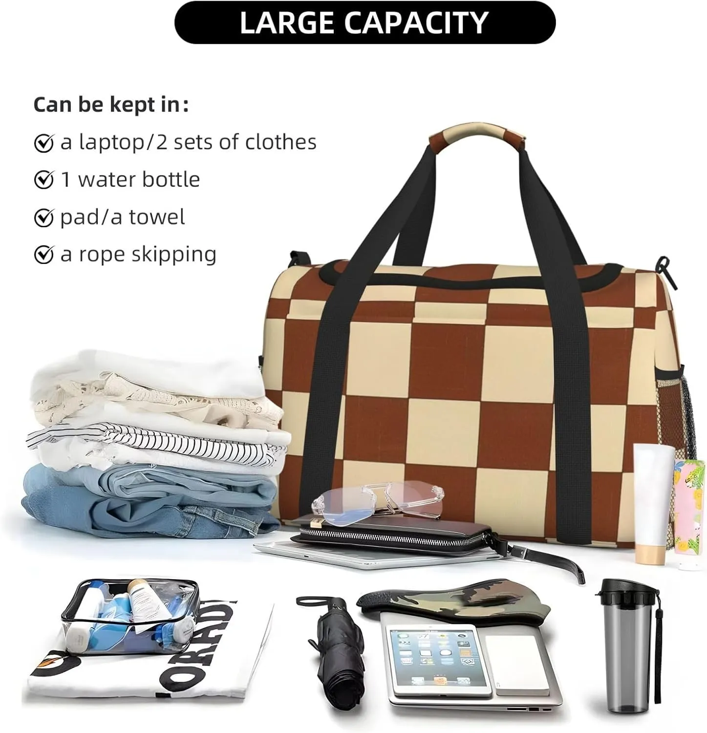 Brown Beige Checkered Duffle Bag Foldable Travel Tote Bag Carry On Large Weekender Overnight Bags Waterproof Gym Bag For Women Men