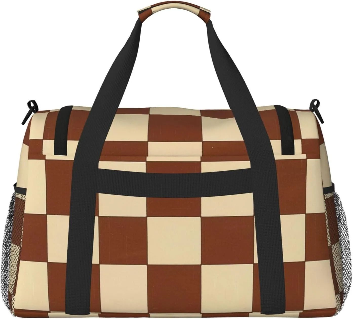 Brown Beige Checkered Duffle Bag Foldable Travel Tote Bag Carry On Large Weekender Overnight Bags Waterproof Gym Bag For Women Men