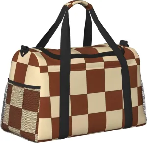 Brown Beige Checkered Duffle Bag Foldable Travel Tote Bag Carry On Large Weekender Overnight Bags Waterproof Gym Bag For Women Men