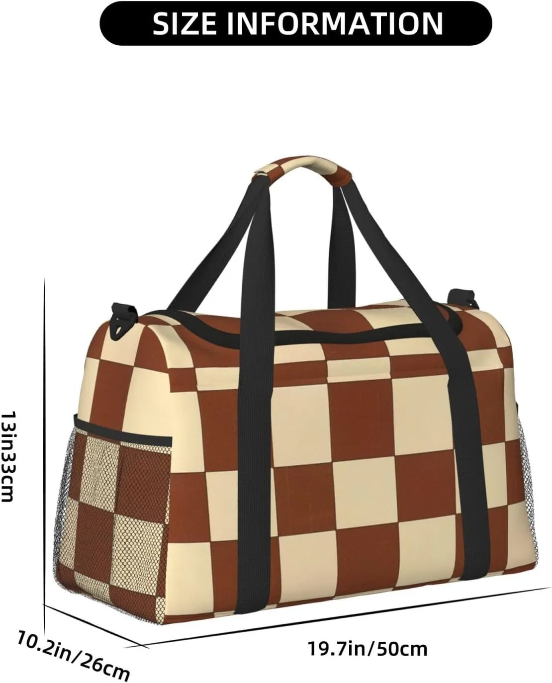 Brown Beige Checkered Duffle Bag Foldable Travel Tote Bag Carry On Large Weekender Overnight Bags Waterproof Gym Bag For Women Men