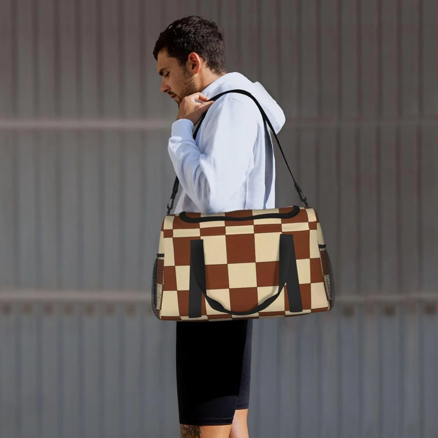 Brown Beige Checkered Duffle Bag Foldable Travel Tote Bag Carry On Large Weekender Overnight Bags Waterproof Gym Bag For Women Men
