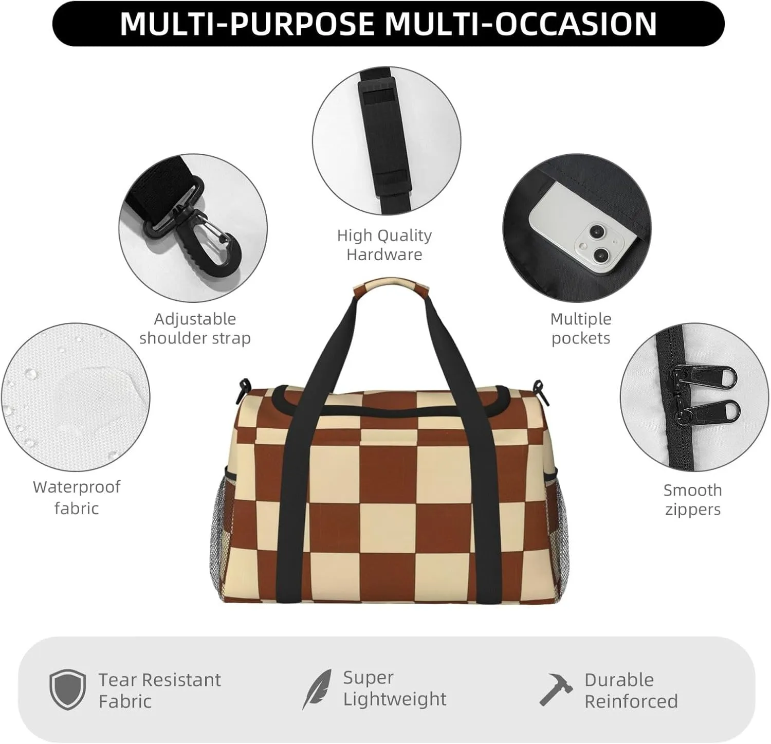 Brown Beige Checkered Duffle Bag Foldable Travel Tote Bag Carry On Large Weekender Overnight Bags Waterproof Gym Bag For Women Men