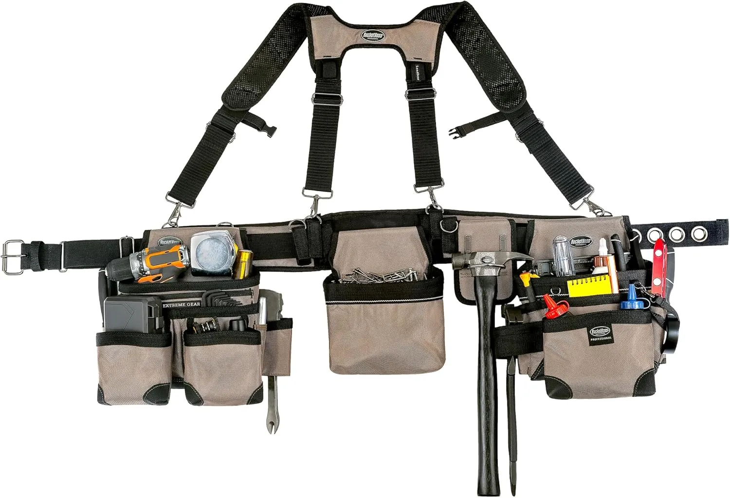 Bucket Boss 3 Bag Tool Bag Set with Suspenders in Tan, 55185-TN, Tan & Black