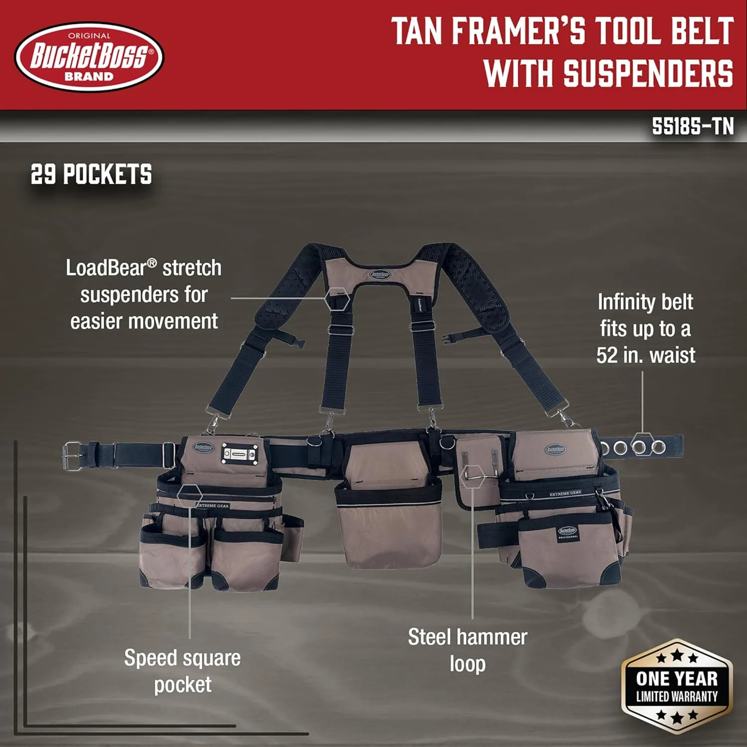 Bucket Boss 3 Bag Tool Bag Set with Suspenders in Tan, 55185-TN, Tan & Black