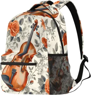 Budxapjw Music Violin Travel Laptop Backpack for Women Men Rose Pattern Waterproof Bag with Adjustable Padded Shoulder Straps for Business Work Travel Hiking Camping