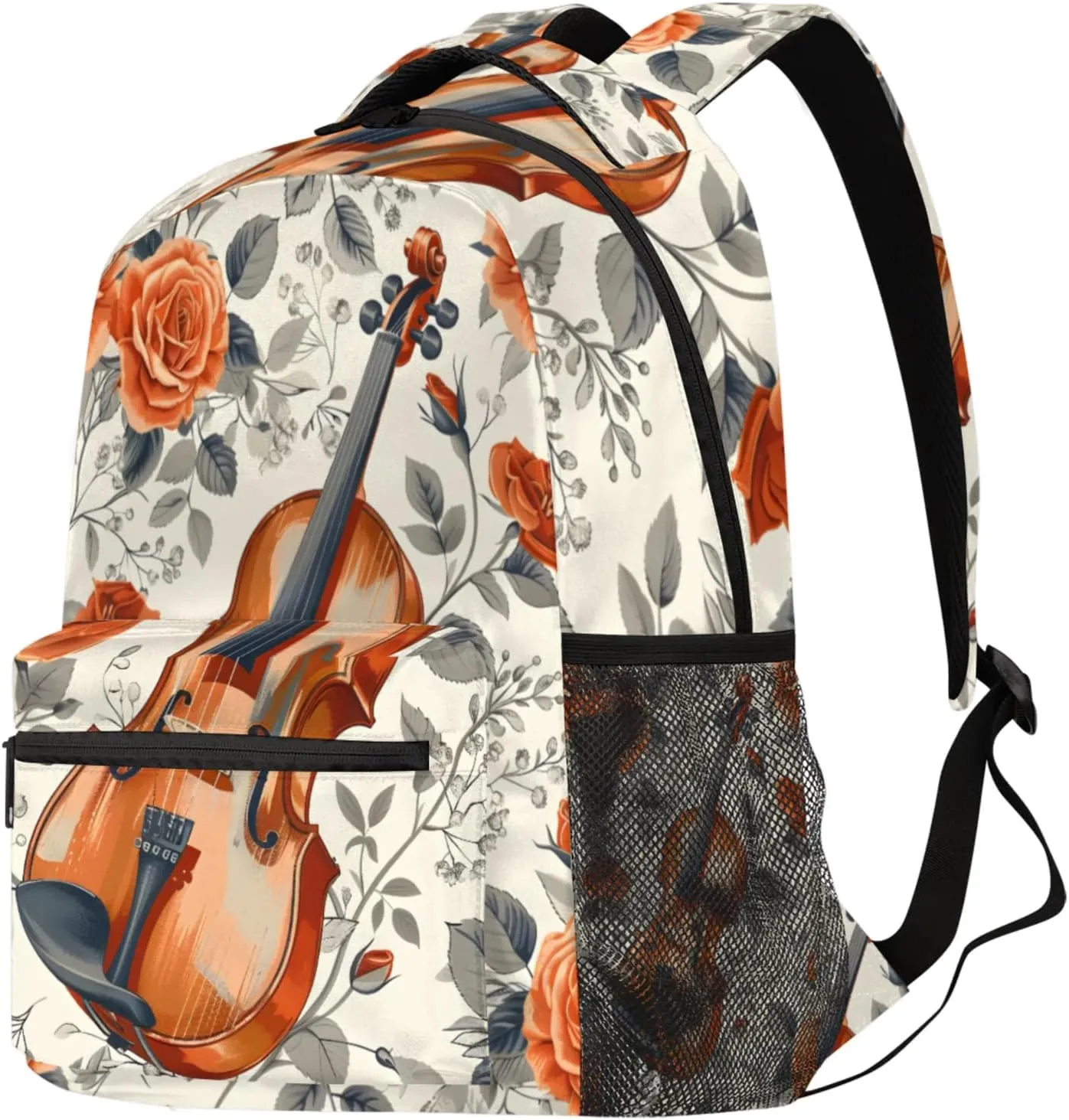 Budxapjw Music Violin Travel Laptop Backpack for Women Men Rose Pattern Waterproof Bag with Adjustable Padded Shoulder Straps for Business Work Travel Hiking Camping