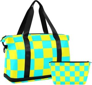 Buffalo Plaid Check Yellow Cyan Travel Duffel Bags Gym Carry on Duffel Bags with Toiletry Bag for Business Trips Multifunctional