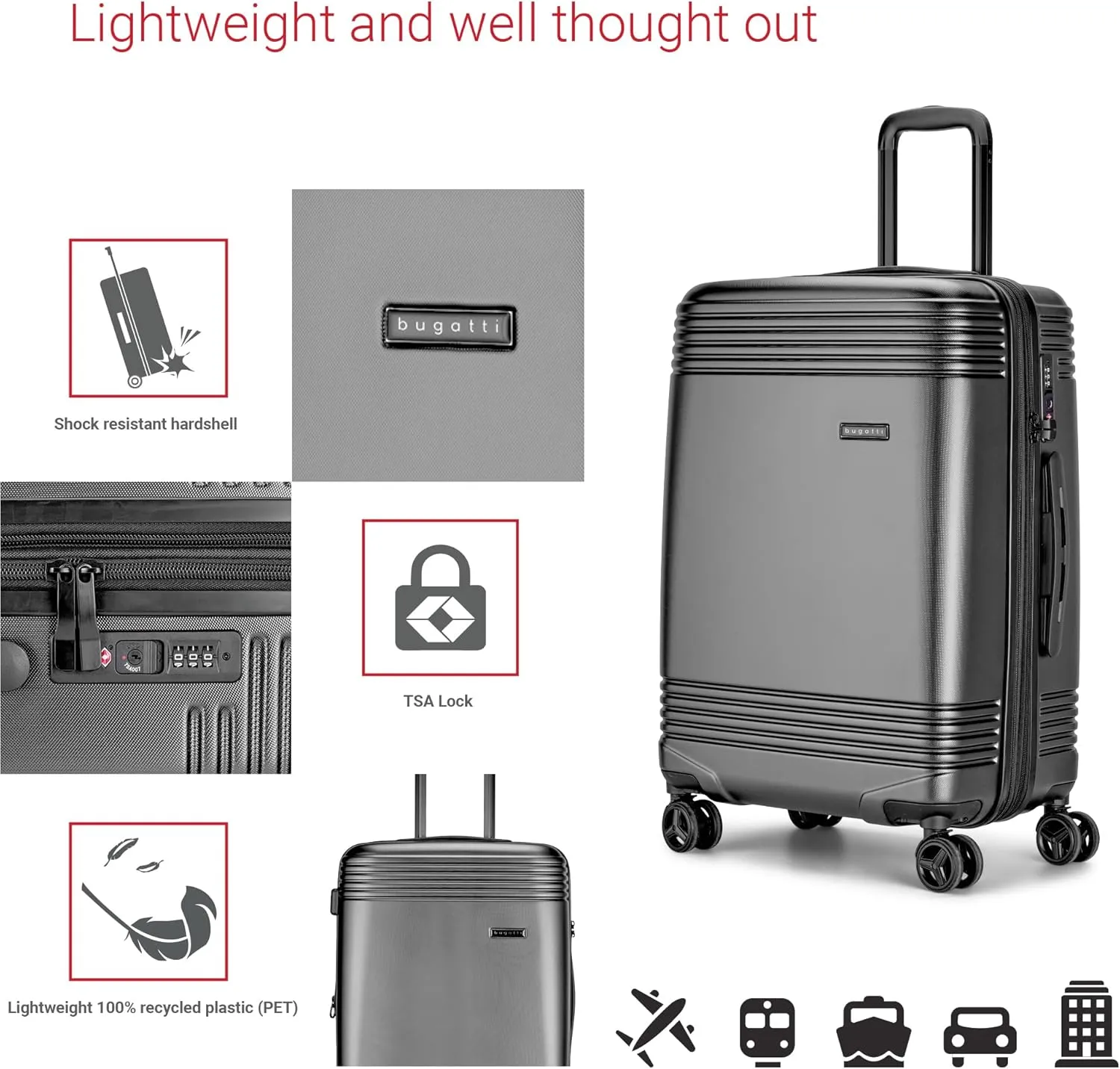 Bugatti Nashville Collection 20 Inch Hard Shell Spinner Carry On Bag for Airplanes, Hardside Expandable Suitcase with 360-Degree Spinner Wheels, Retractable Handle, Airline Approved, Charcoal