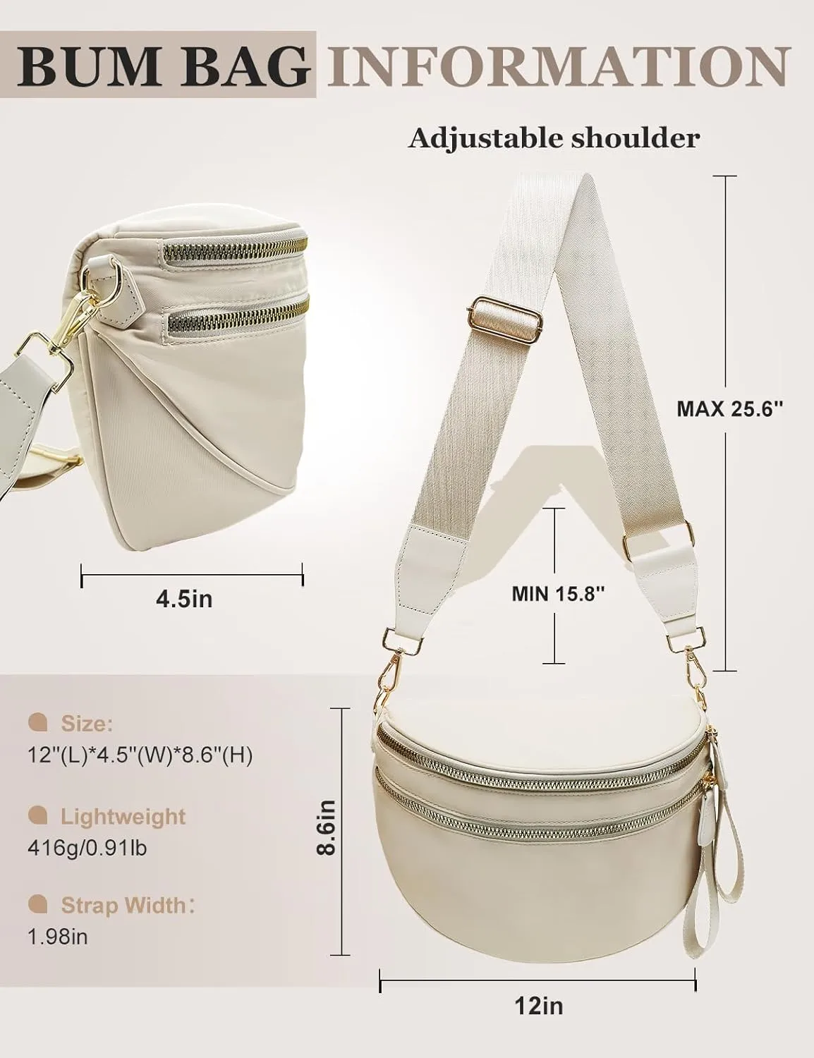 Bum Bags for Women Nylon Crossbody Bag, Spacious Fanny Packs Belt Bag Large Sling Bag with Adjustable Strap (Beige)
