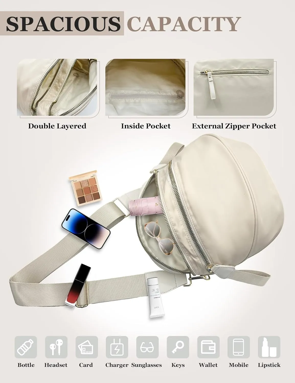 Bum Bags for Women Nylon Crossbody Bag, Spacious Fanny Packs Belt Bag Large Sling Bag with Adjustable Strap (Beige)