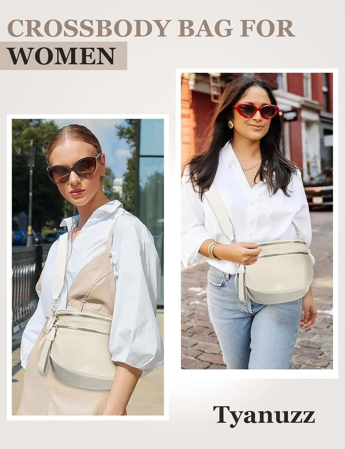 Bum Bags for Women Nylon Crossbody Bag, Spacious Fanny Packs Belt Bag Large Sling Bag with Adjustable Strap (Beige)
