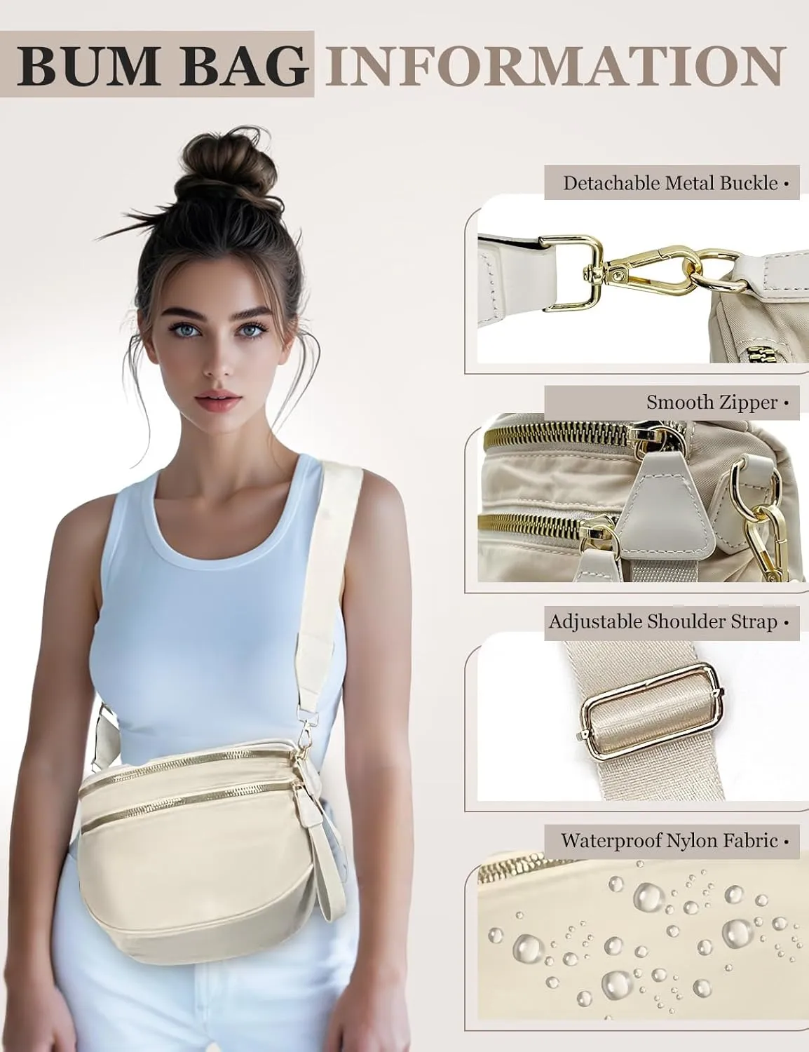 Bum Bags for Women Nylon Crossbody Bag, Spacious Fanny Packs Belt Bag Large Sling Bag with Adjustable Strap (Beige)