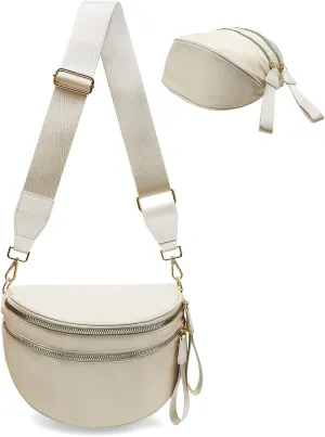 Bum Bags for Women Nylon Crossbody Bag, Spacious Fanny Packs Belt Bag Large Sling Bag with Adjustable Strap (Beige)
