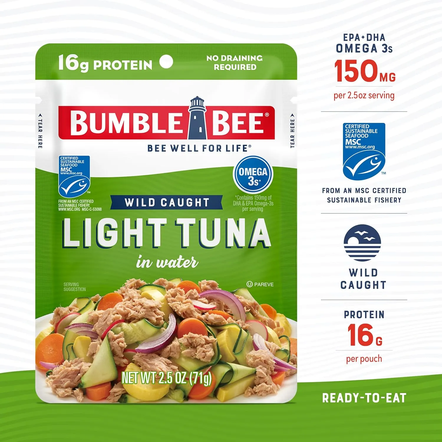 Bumble Bee Chunk Light Tuna in Water, 2.5 oz Pouches (Pack of 12) - Ready to Eat Wild Caught Skipjack Tuna Packet - 16g Protein per Serving - MSC Sustainable Seafood, Non-GMO, Gluten Free, Kosher