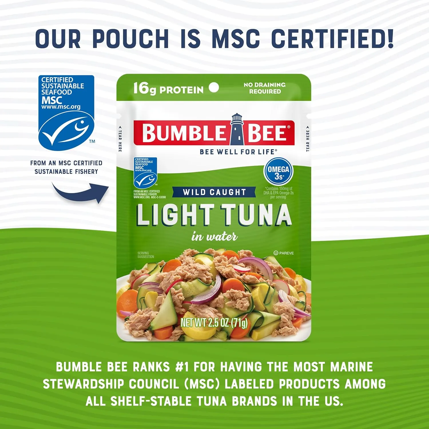 Bumble Bee Chunk Light Tuna in Water, 2.5 oz Pouches (Pack of 12) - Ready to Eat Wild Caught Skipjack Tuna Packet - 16g Protein per Serving - MSC Sustainable Seafood, Non-GMO, Gluten Free, Kosher