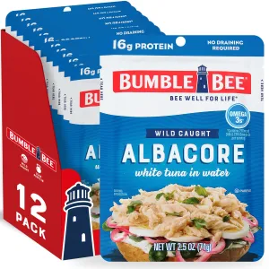 Bumble Bee Chunk White Albacore Tuna in Water, 2.5 oz Pouches (Pack of 12) - Ready to Eat Wild Caught Tuna Packet - 16g Protein per Serving, High in Omega-3s - Non-GMO, Gluten Free, Kosher