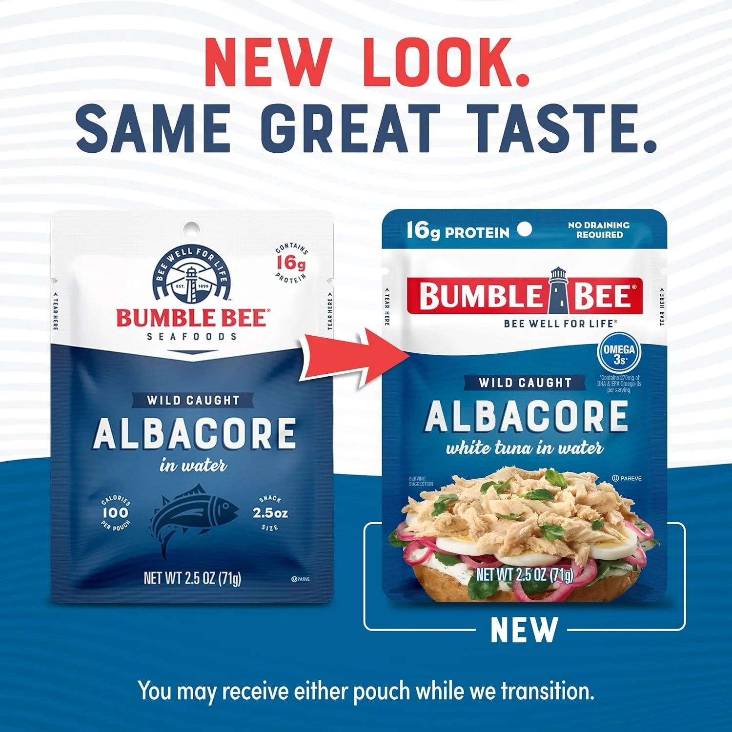 Bumble Bee Chunk White Albacore Tuna in Water, 2.5 oz Pouches (Pack of 12) - Ready to Eat Wild Caught Tuna Packet - 16g Protein per Serving, High in Omega-3s - Non-GMO, Gluten Free, Kosher