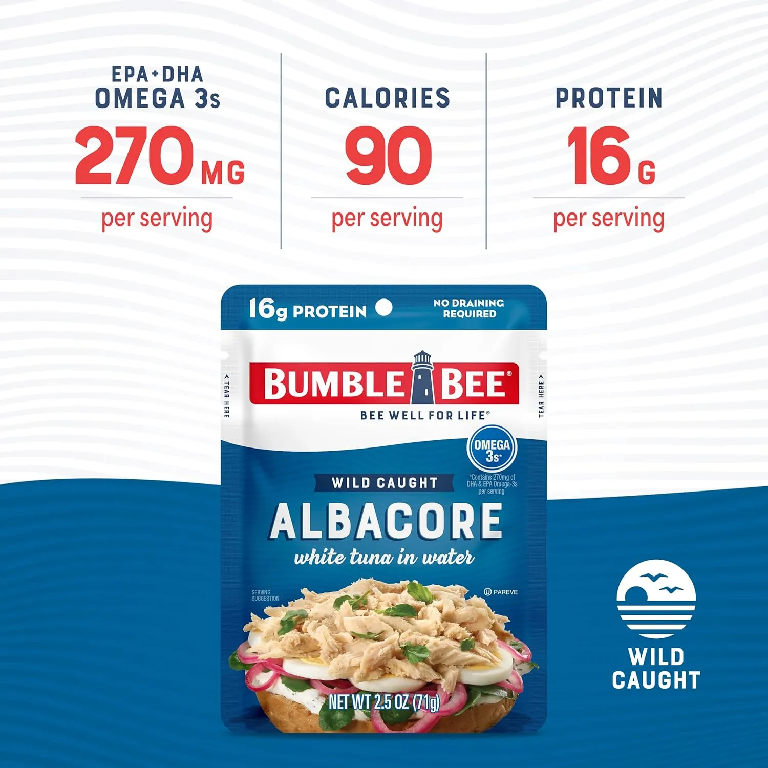 Bumble Bee Chunk White Albacore Tuna in Water, 2.5 oz Pouches (Pack of 12) - Ready to Eat Wild Caught Tuna Packet - 16g Protein per Serving, High in Omega-3s - Non-GMO, Gluten Free, Kosher