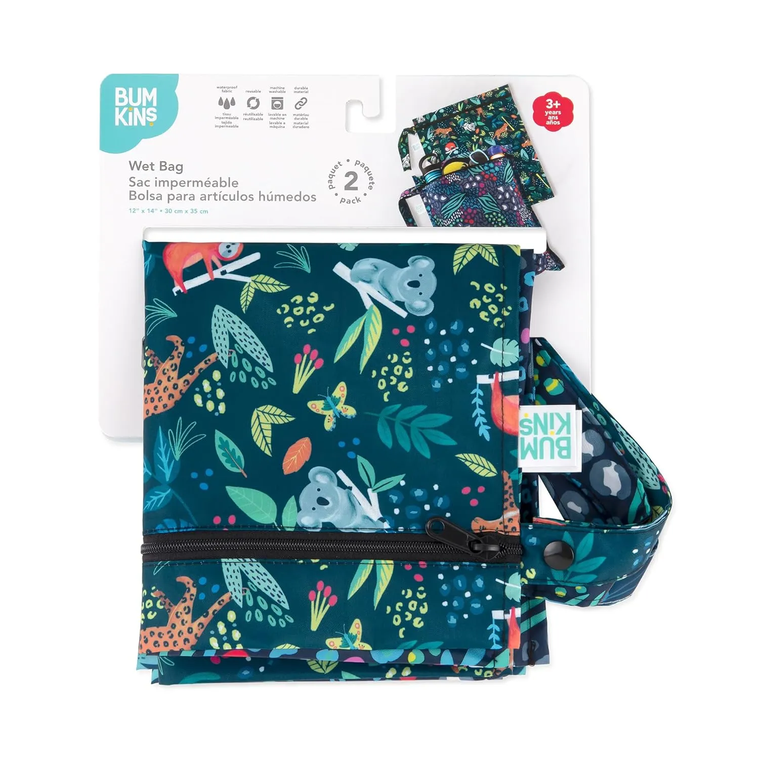 Bumkins Waterproof Wet Bag for Baby, Travel, Swim Suit, Cloth Diapers, Pump Parts, Pool, Beach, Gym Clothes, Toiletry, Hook to Stroller, Daycare, Zipper Reusable Wetdry Packing, 2-pk Jungle and Animal