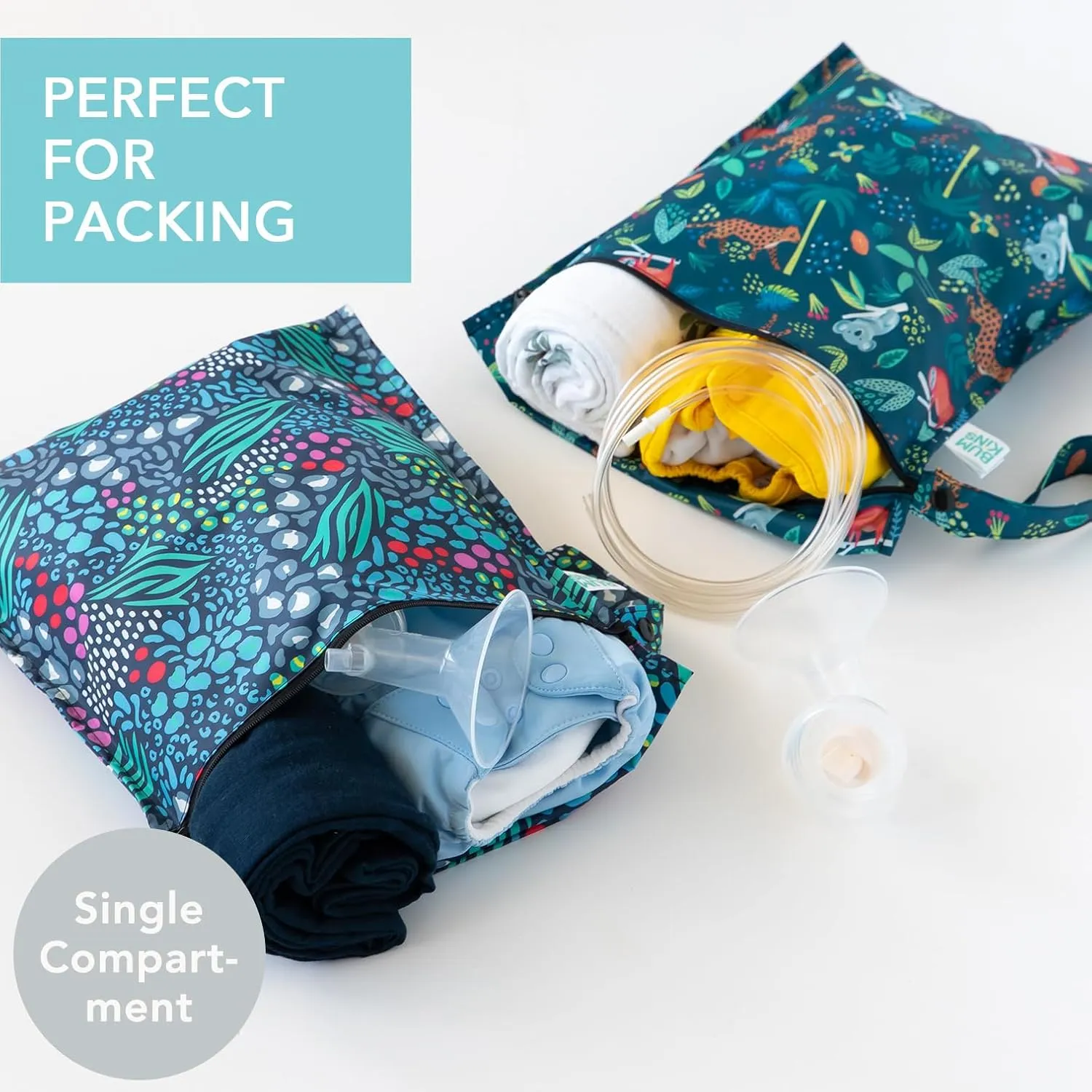 Bumkins Waterproof Wet Bag for Baby, Travel, Swim Suit, Cloth Diapers, Pump Parts, Pool, Beach, Gym Clothes, Toiletry, Hook to Stroller, Daycare, Zipper Reusable Wetdry Packing, 2-pk Jungle and Animal