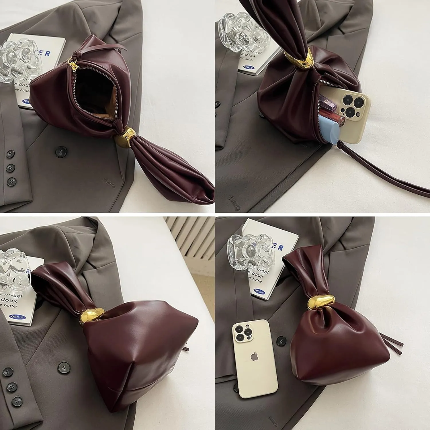 Burgundy Wristlet Purse for Women Lightweight PU Leather Small Handbag Wristlet Pouch Bag for Daily Use