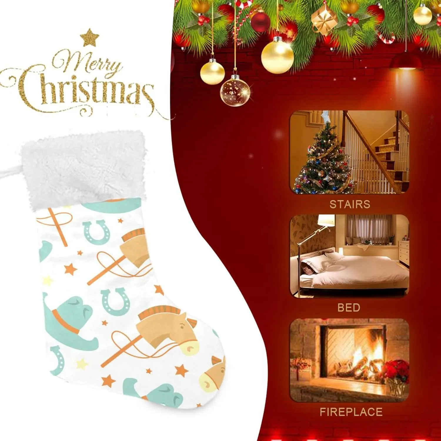 Caikeny Christmas Stockings Cowboy Cowboy HorseChristmas Presonalized Large Stocking Sock Set of 2 Horseshoe Candy Bag Xmas Party Decor Family Holiday Gift 18 in