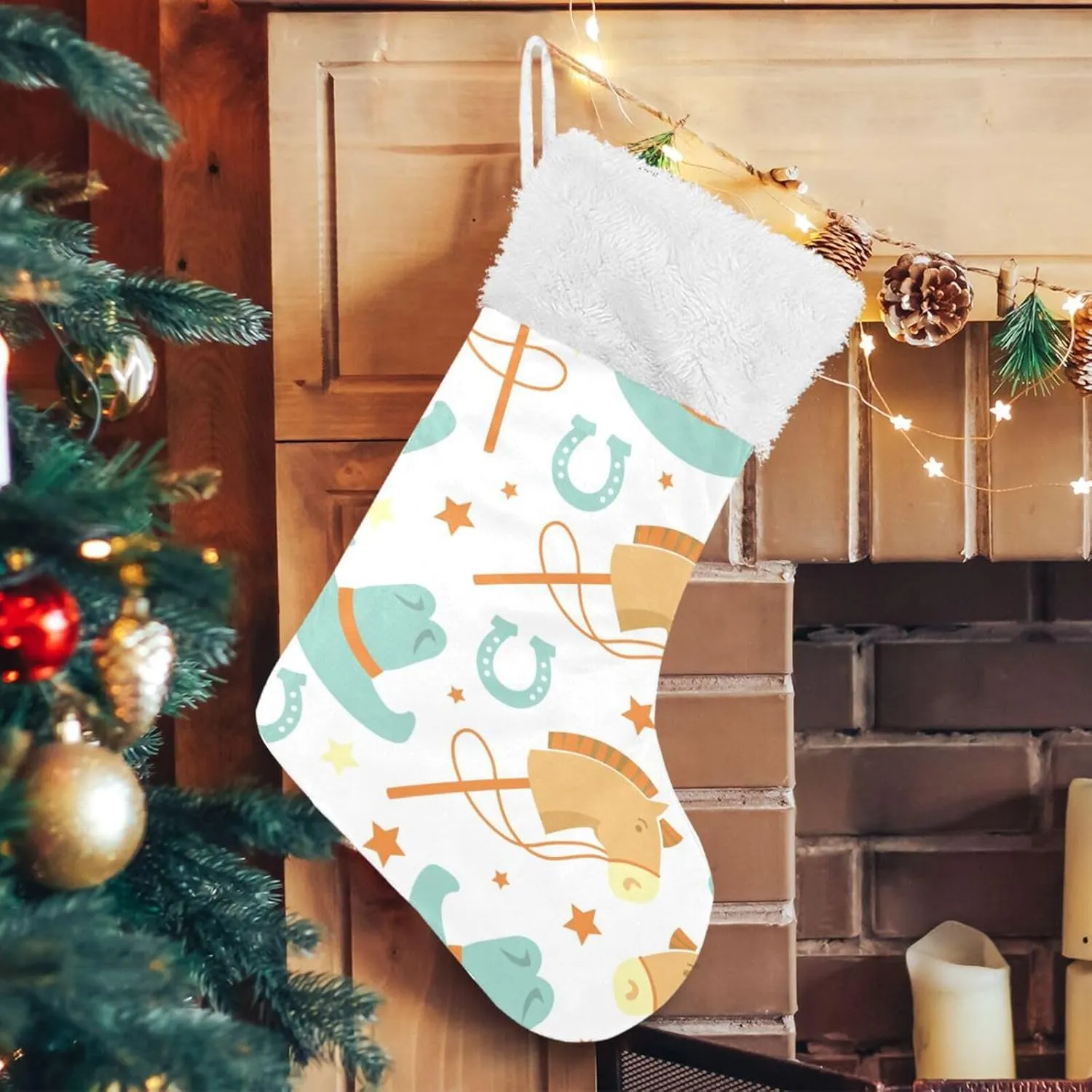 Caikeny Christmas Stockings Cowboy Cowboy HorseChristmas Presonalized Large Stocking Sock Set of 2 Horseshoe Candy Bag Xmas Party Decor Family Holiday Gift 18 in