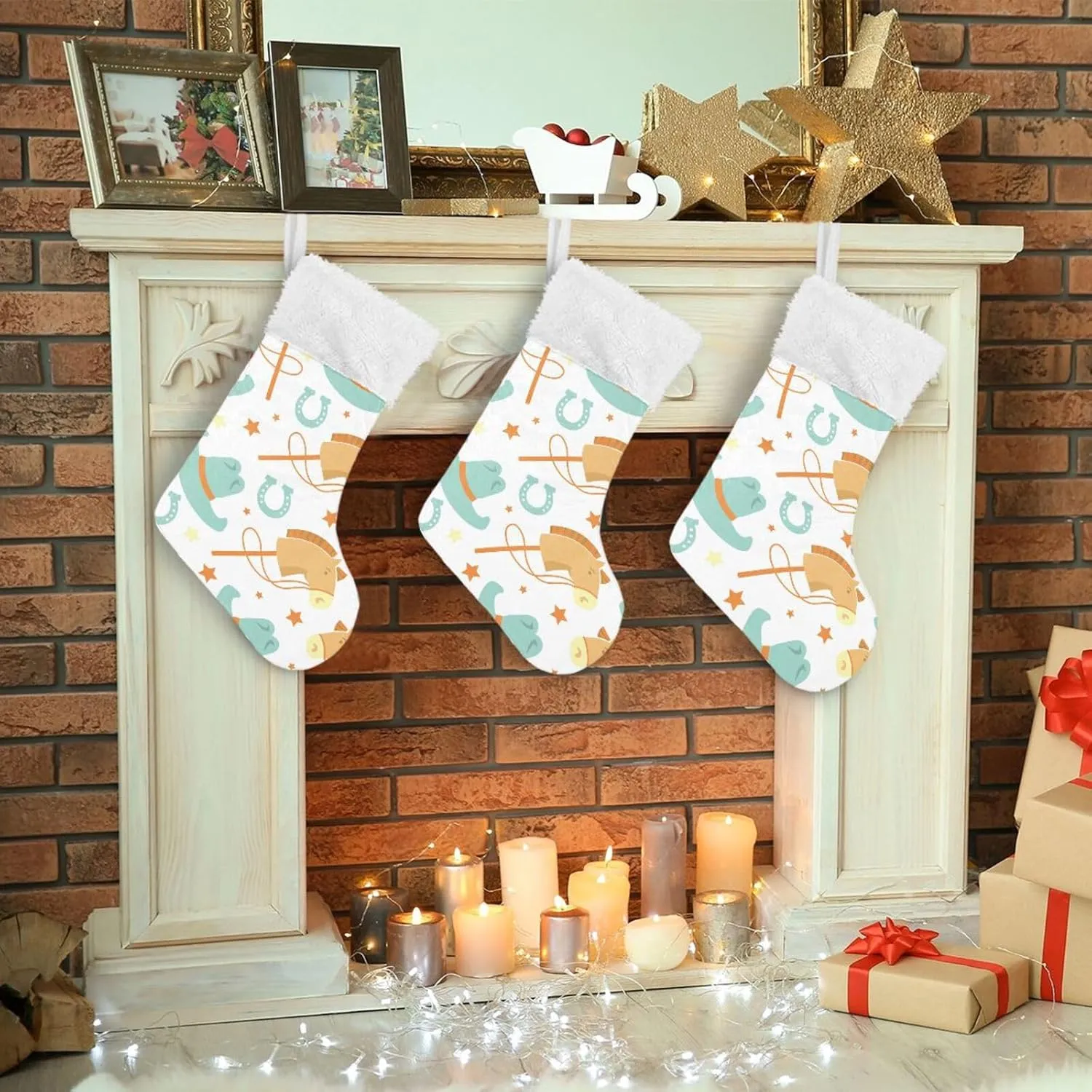 Caikeny Christmas Stockings Cowboy Cowboy HorseChristmas Presonalized Large Stocking Sock Set of 2 Horseshoe Candy Bag Xmas Party Decor Family Holiday Gift 18 in