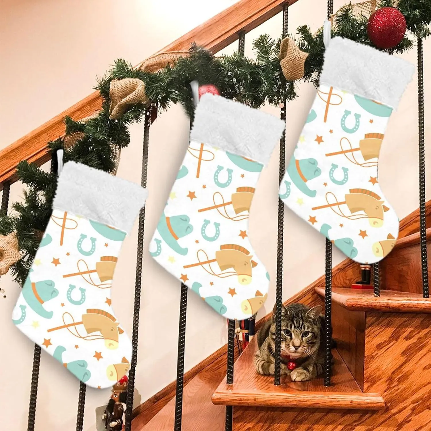 Caikeny Christmas Stockings Cowboy Cowboy HorseChristmas Presonalized Large Stocking Sock Set of 2 Horseshoe Candy Bag Xmas Party Decor Family Holiday Gift 18 in