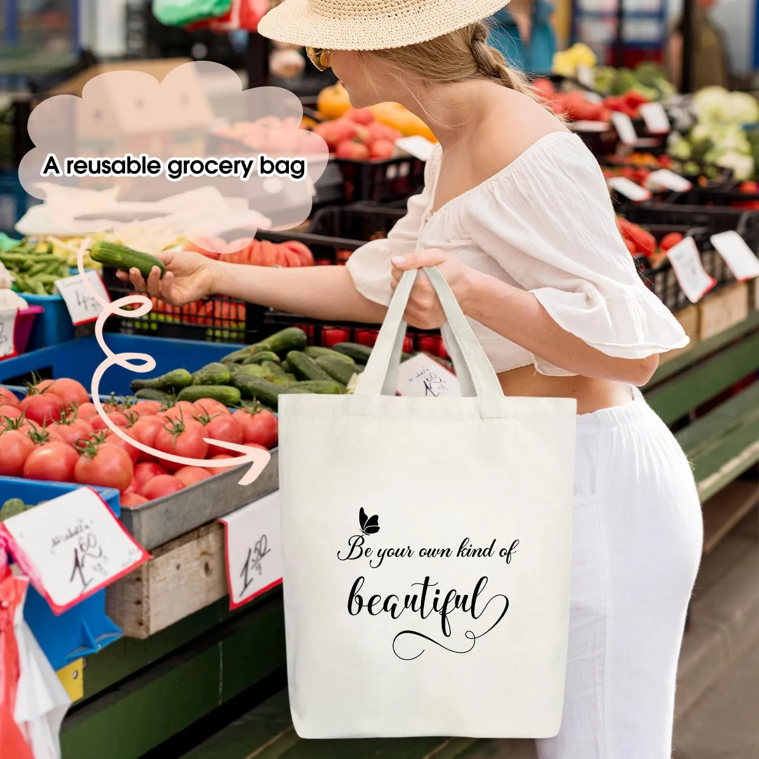 Canvas Aesthetic Tote Bag, Butterfly Canvas Tote Bags for Women, Inspirational Gifts for Women, Teen, Friend, Daughter, Motivational Gifts Shopping Reusable Grocery Beach Shoulder Bag /A40