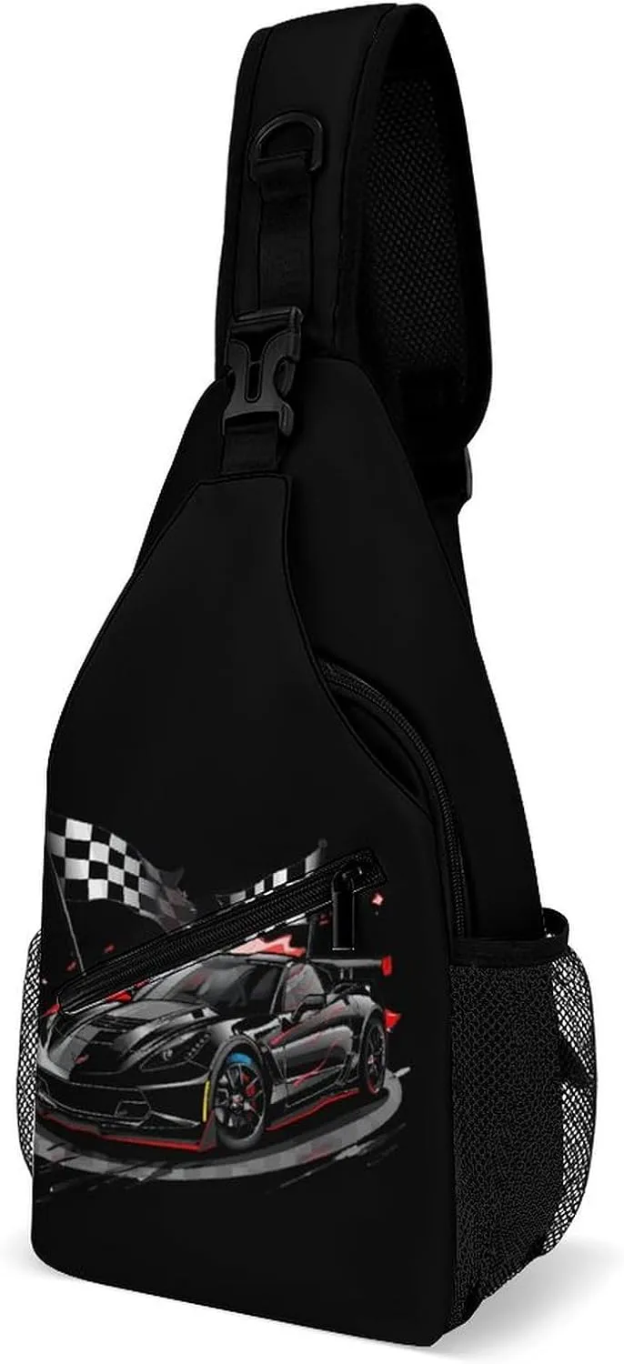 Car Racing Automobile Sport Racer Checkered Flag Sling Backpack Crossbody Chest Bag Print Shoulder Bag Travel Daypack for Sports Running Hiking