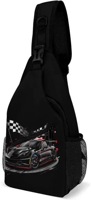 Car Racing Automobile Sport Racer Checkered Flag Sling Backpack Crossbody Chest Bag Print Shoulder Bag Travel Daypack for Sports Running Hiking