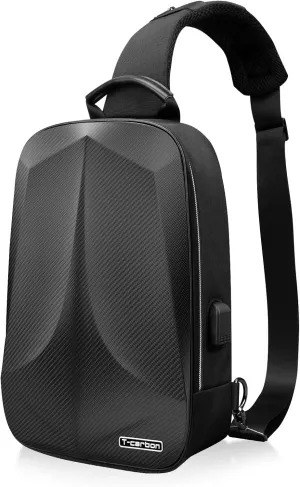 Carbon Fiber Hard Shell Shoulder Bag for Men&Women - Anti-Theft Crossbody Bag with USB and Reset Lock, Sling Backpack for Traveling, Sporting, Cycling, Daily