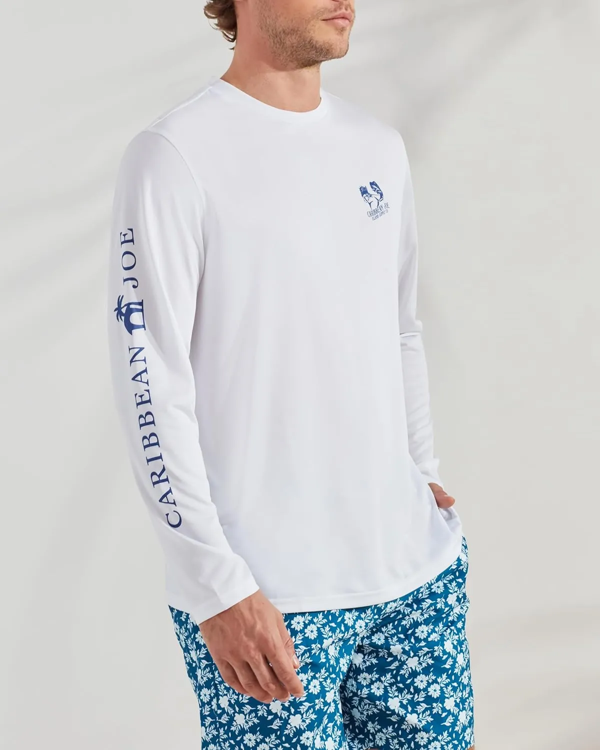 CARIBBEAN JOE Men's Standard Rash Guard, Flower Logo Long Sleeve Sun Protection Swim, Beach and Fishing T-Shirt Top