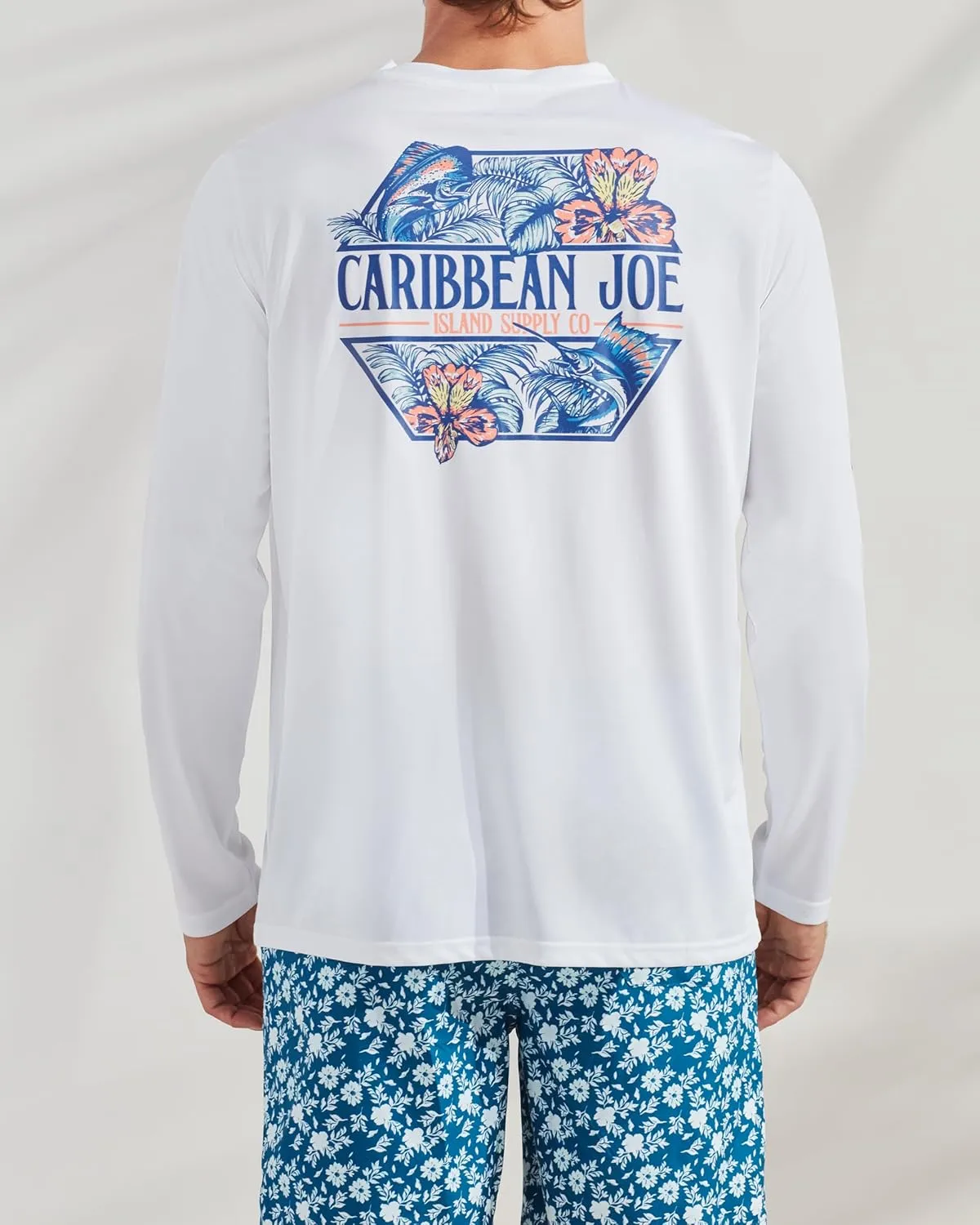 CARIBBEAN JOE Men's Standard Rash Guard, Flower Logo Long Sleeve Sun Protection Swim, Beach and Fishing T-Shirt Top