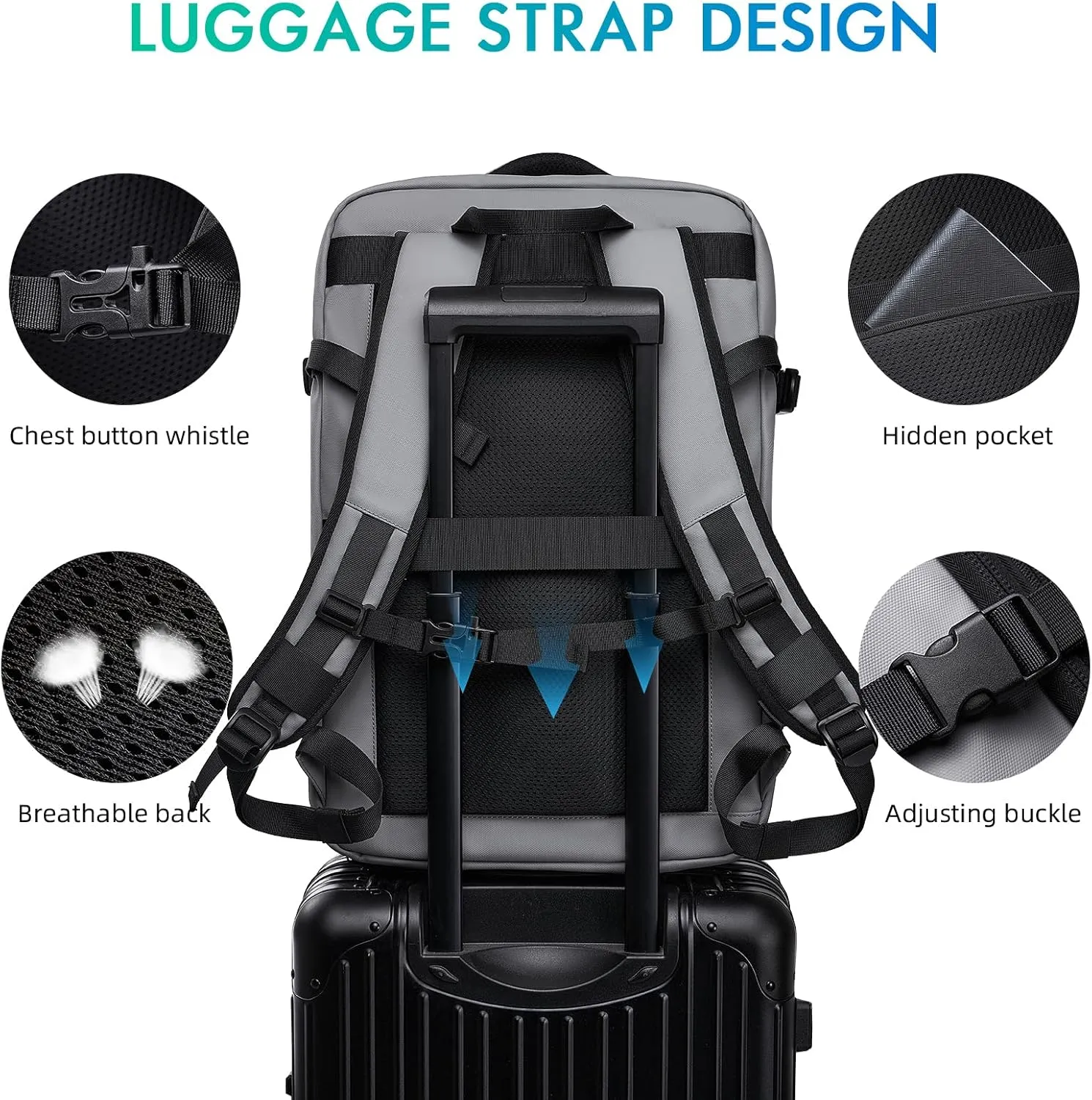 Carry on Backpack Airline Approved for Men, Travel 50L Expandable backpack Luggage Fits 17.3 Inch Laptop with USB Charging Port(grey)