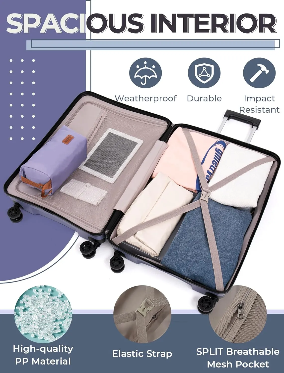 Carry On Luggage 22x14x9 Airline Approved, 20-inch Hard Shell Suitcases with Wheels, PP Lightweight Carry on Suitcase with TSA Lock