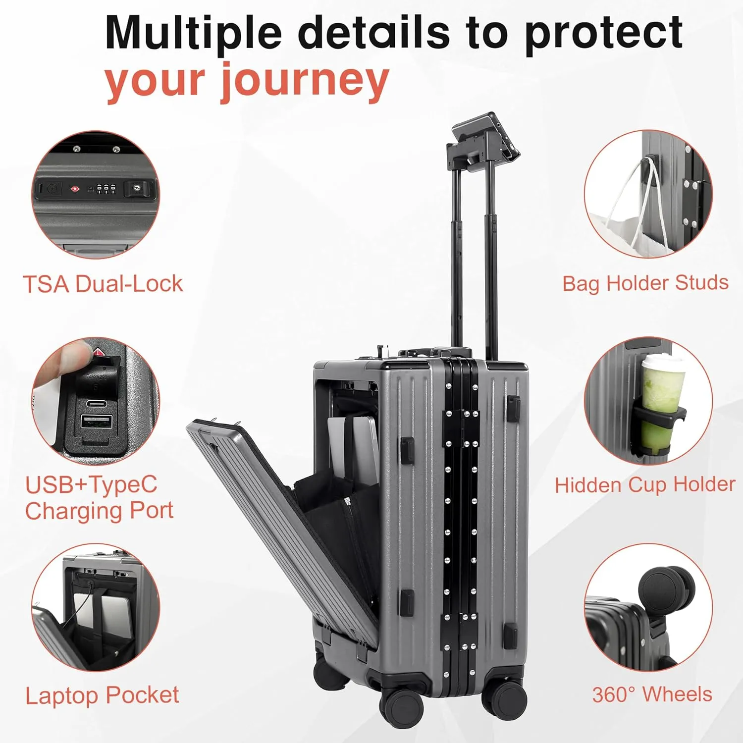 Carry On Luggage 22x14x9 Airline Approved Aluminum Frame, 20 Inch Hard Shell Carry On Luggage, Suitcase Carry-on Zipperless Luggage, TSA Approved (Grey)