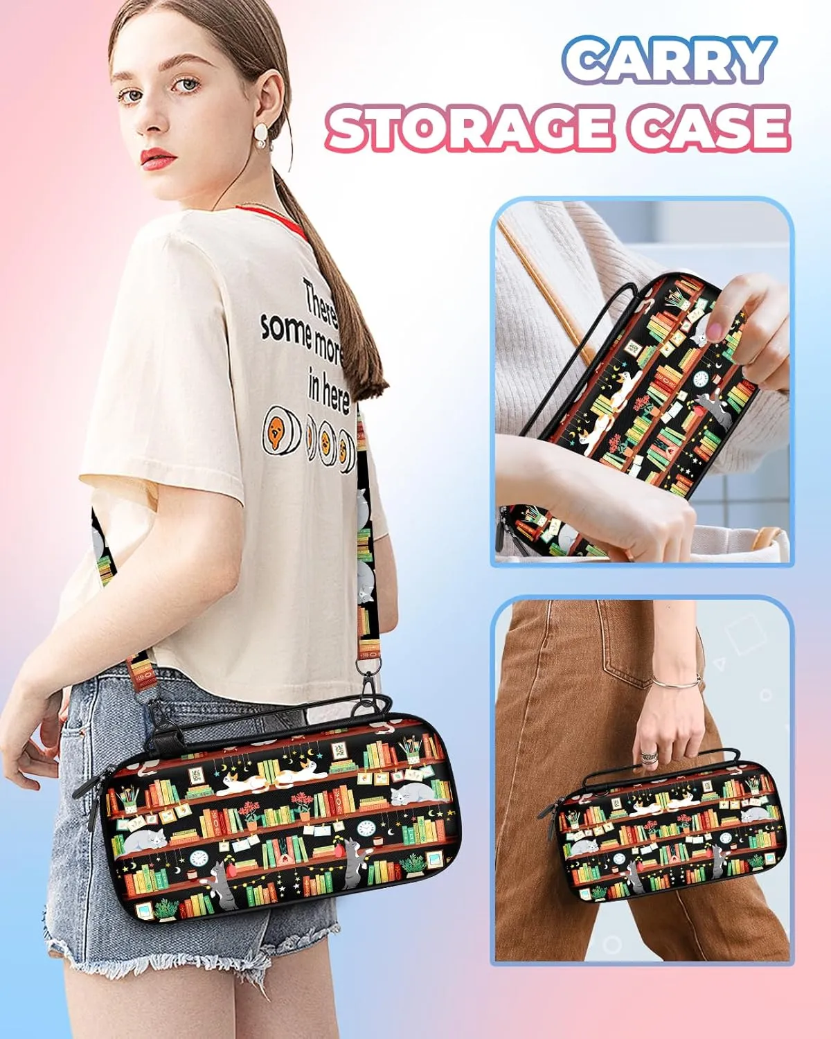 Carrying Case for Nintendo Switch Lite Travel Carry Cases Hard Shell Protective Cover Strap Bookshelf Cat Cute Girls Boys Accessories Storage Protector Pouch Bag for Nintendo Switch Lite 2019
