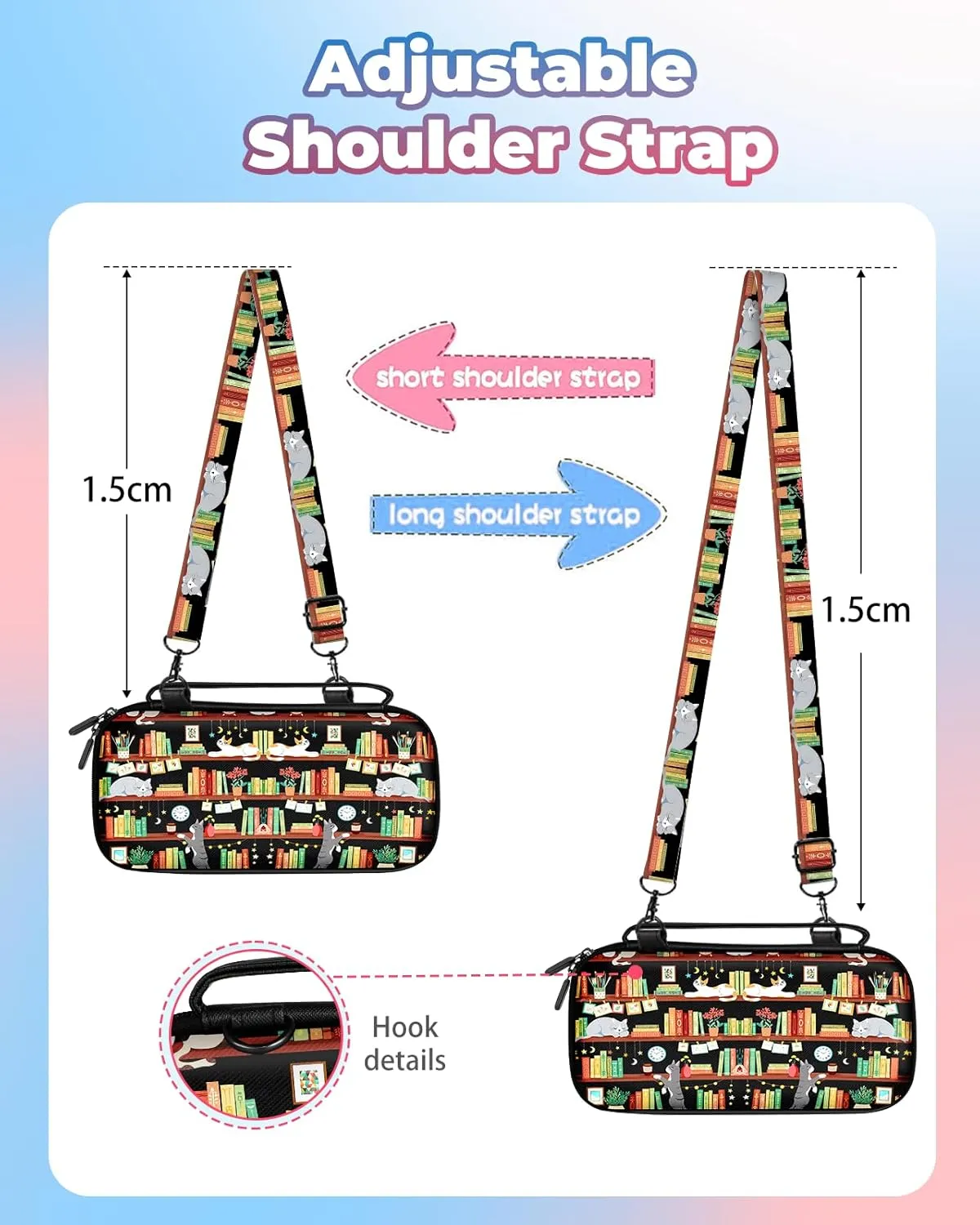 Carrying Case for Nintendo Switch Lite Travel Carry Cases Hard Shell Protective Cover Strap Bookshelf Cat Cute Girls Boys Accessories Storage Protector Pouch Bag for Nintendo Switch Lite 2019