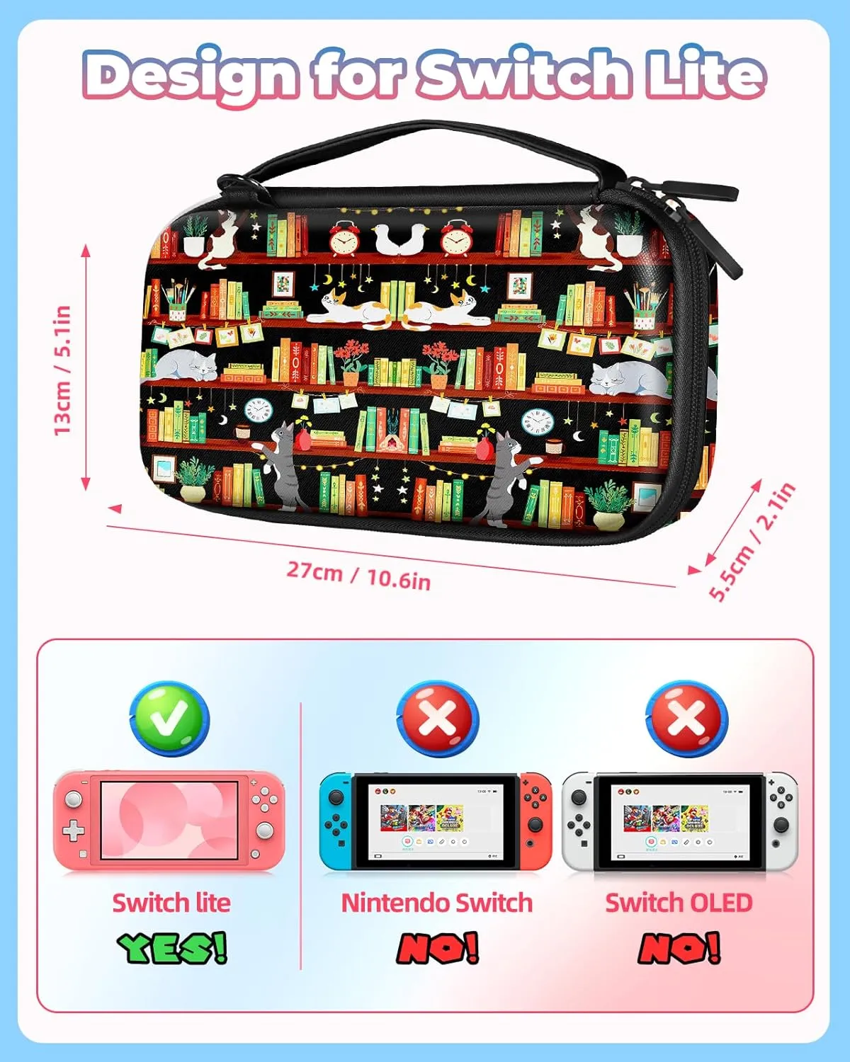 Carrying Case for Nintendo Switch Lite Travel Carry Cases Hard Shell Protective Cover Strap Bookshelf Cat Cute Girls Boys Accessories Storage Protector Pouch Bag for Nintendo Switch Lite 2019