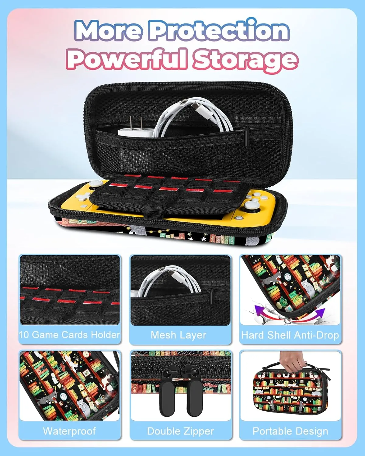 Carrying Case for Nintendo Switch Lite Travel Carry Cases Hard Shell Protective Cover Strap Bookshelf Cat Cute Girls Boys Accessories Storage Protector Pouch Bag for Nintendo Switch Lite 2019