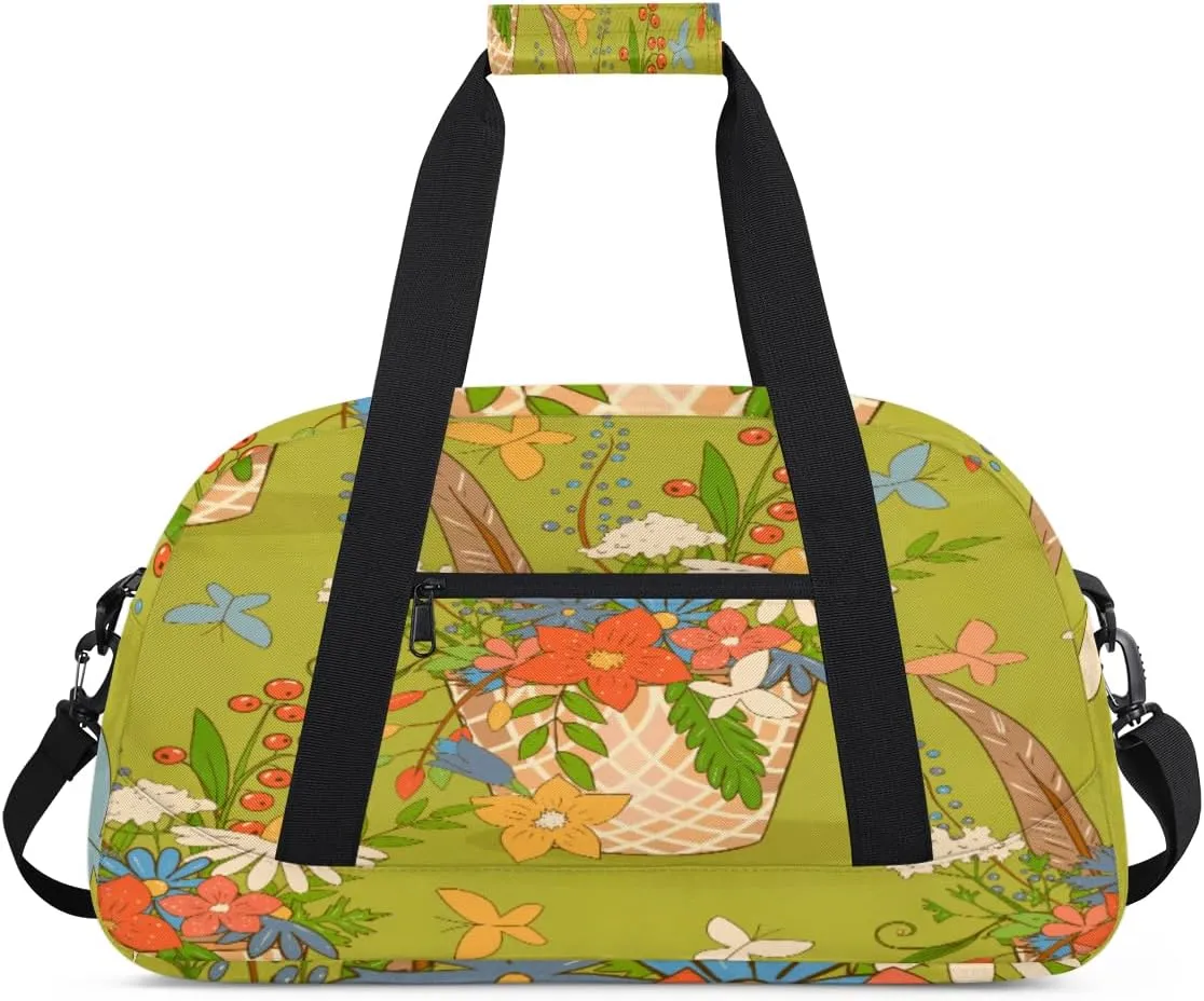 Cartoon Butterfly Gym Duffel Bag for Men Women Flower Blue Sports Tote Bag with Adjustable Shoulder Strap for Dance Gymnastics Traveling Outdoor Camping Overnight Stay