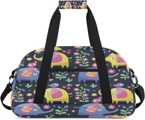Cartoon Elephant Gym Duffel Bag for Men Women Cute Flowers Sports Tote Bag with Adjustable Shoulder Strap for Dance Gymnastics Traveling Outdoor Camping Overnight Stay