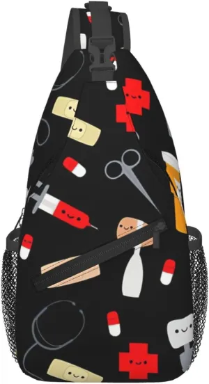 Cartoon Medicine Pattern Print Sling Bag Crossbody Backpack For Women Men Hiking Travel Over The Shoulder Multipurpose Bag