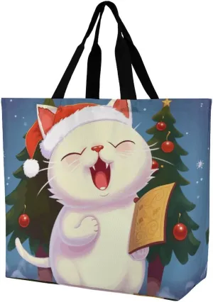 Casual Large-capacity Shoulder Bags,Cute Cat Sing Christmas Carols Print Reusable Shopping Bags,multi-function Large Shopping Bag