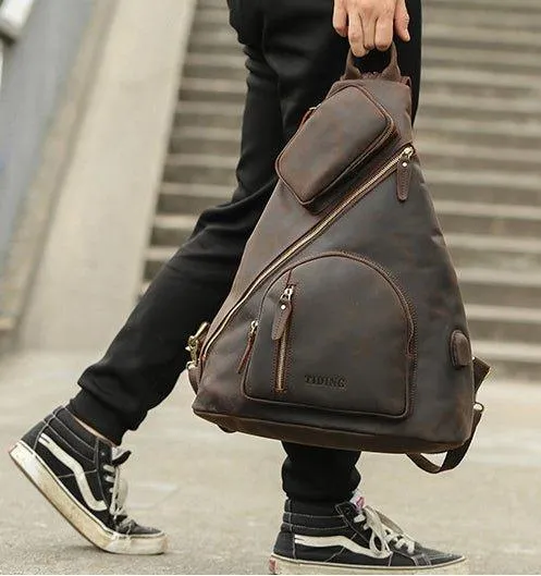 Casual Leather Sling Backpack with USB Port