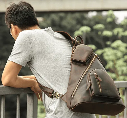 Casual Leather Sling Backpack with USB Port