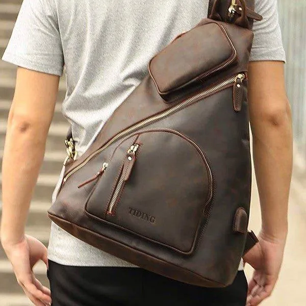 Casual Leather Sling Backpack with USB Port